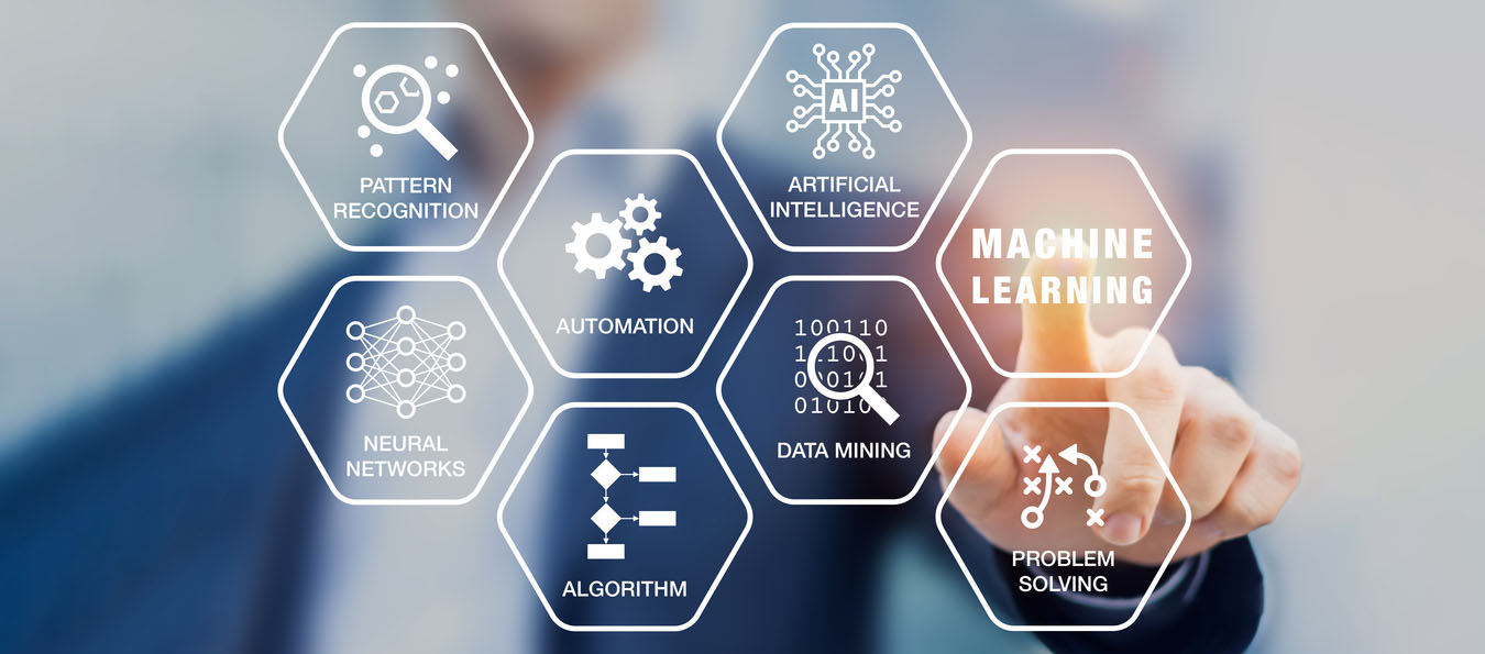 Presentation about machine learning technology with scientist touching screen with robotic process automation, artificial intelligence (AI), neural network, and data mining words and computer icons