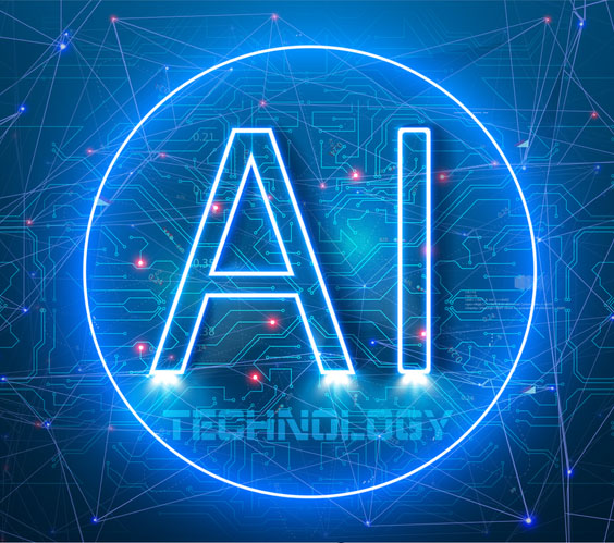 AI in a neon blue circle. Abstract futuristic digital and technology on light blue color background. Artificial Intelligence AI landing page. Website template for deep learning concept.