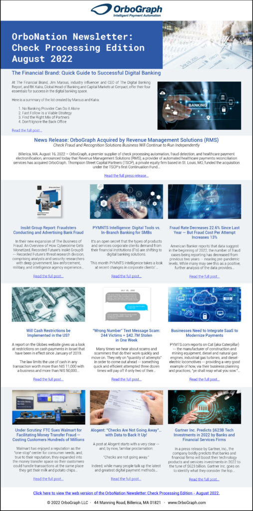 OrboNation Newsletter: Check Processing Edition - August 2022 | OrboGraph