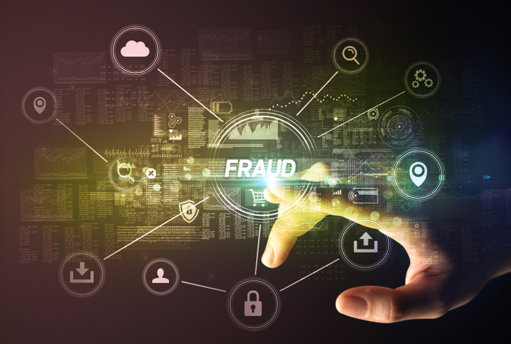 Hand touching FRAUD inscription, Cybersecurity concept