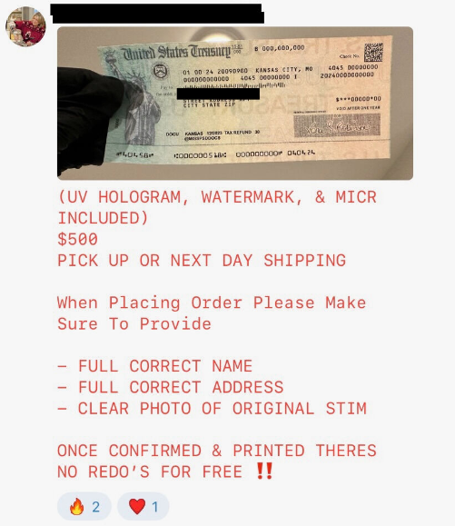 eric Huber Stimmy Treasury check ffraud telegram fraudster lingo