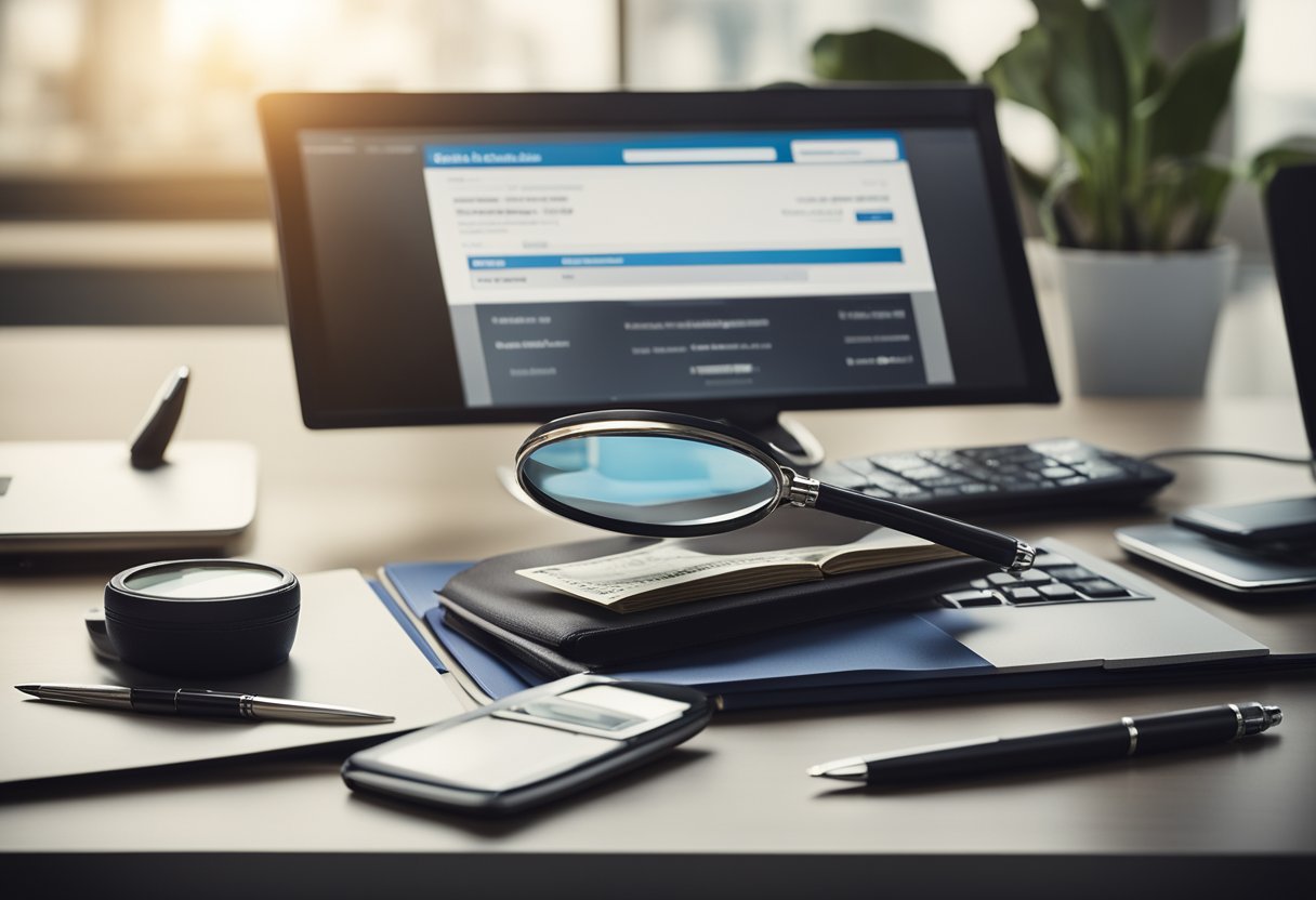 A desk with a checkbook, pen, and magnifying glass. A computer screen displays a bank website with a suspicious check image