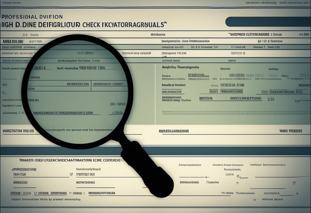 A check with irregular markings and a blurred signature is being examined under a magnifying glass. A computer screen shows a list of suspicious check transactions