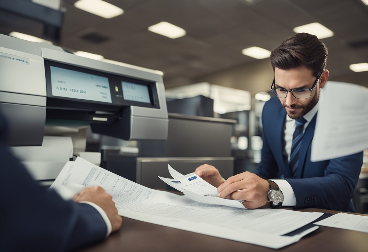 A bank teller examines a suspicious check, noticing irregularities in the signature, paper quality, and printing. Security features are highlighted, and a magnifying glass is used for closer inspection