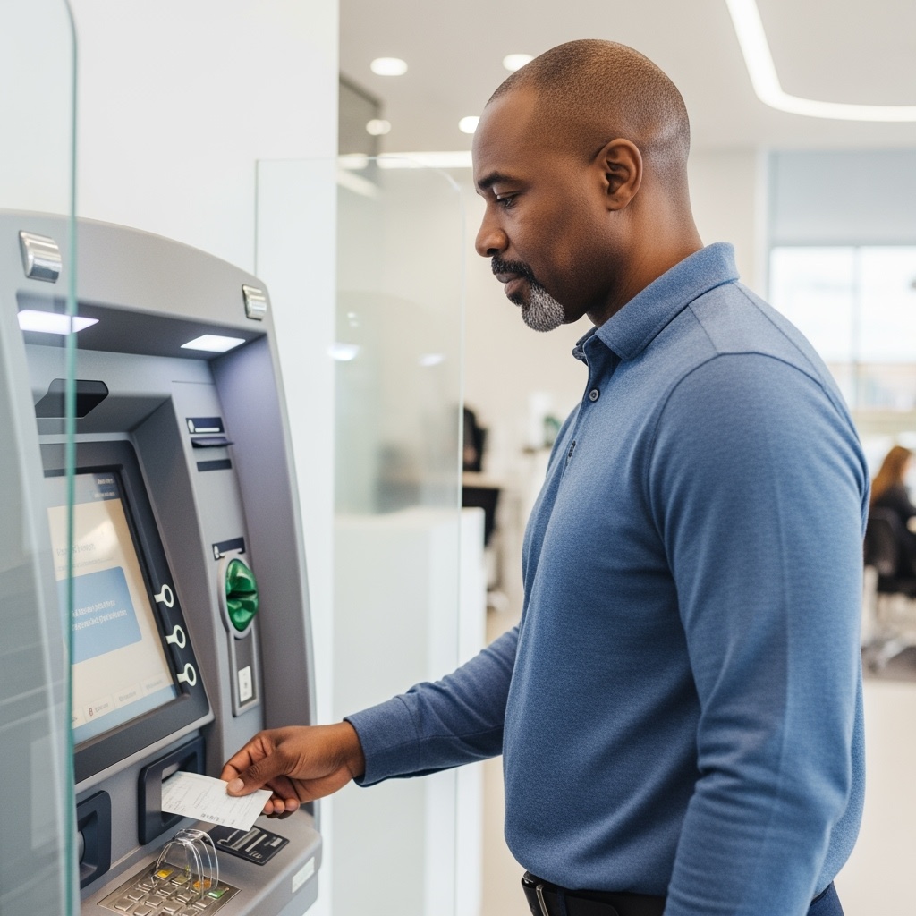 A,Paper,Check,Being,Deposited,Into,An,Atm