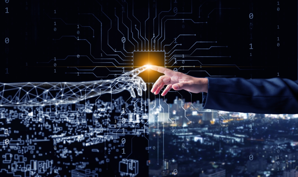 Digital,Twins,Concept.,A,Man's,Finger,Touches,A,Digital,Finger,